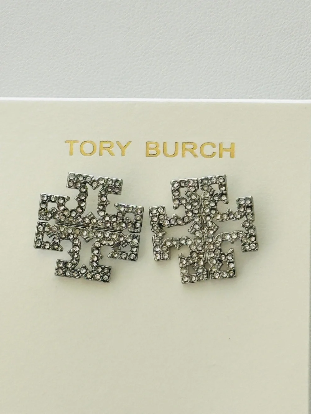 Tory Burch Silver Crystal Logo Earrings Studs